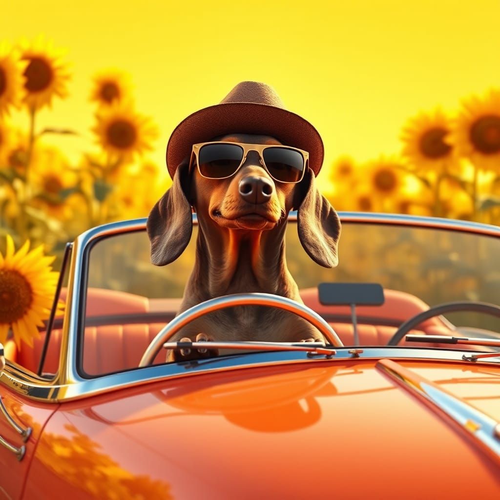 Dachshund Drives Convertible in Sunflower Field: 3D Digital ...