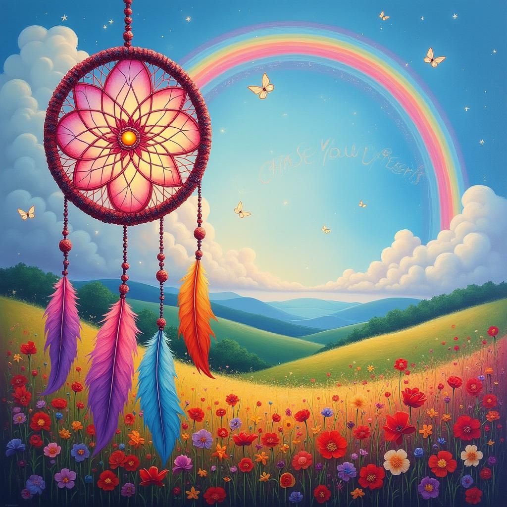 Dreamcatcher with Rainbow and Wildflowers in Graffiti Style