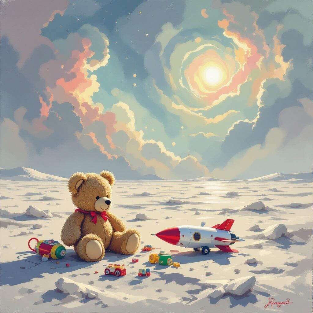 Forgotten Toys on Lunar Landscape Under Pastel Nebulae