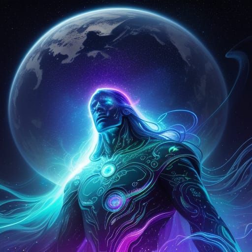 Astral Being in Cosmic Space, Vibrant Mixed Media