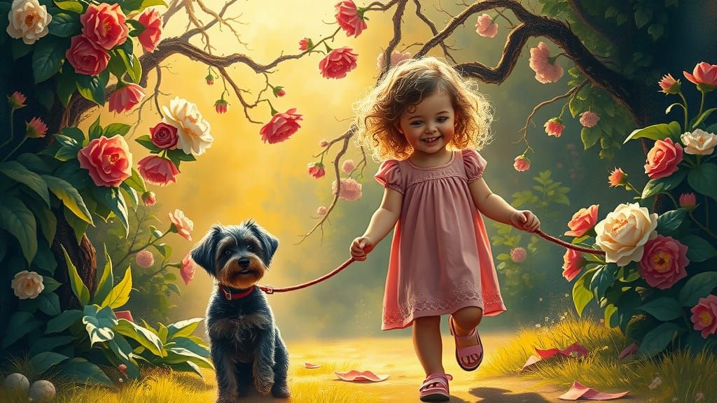 Girl and Schnauzer in Impressionist Landscape