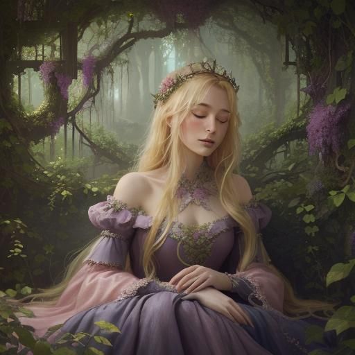 Sleeping Princess in Overgrown Rose Garden, Detailed Matte P...