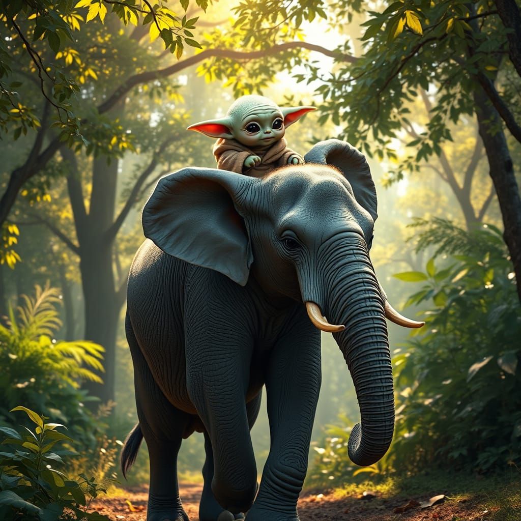 Realistic Baby Elephant and Baby Yoda Walk in a Serene Fores...