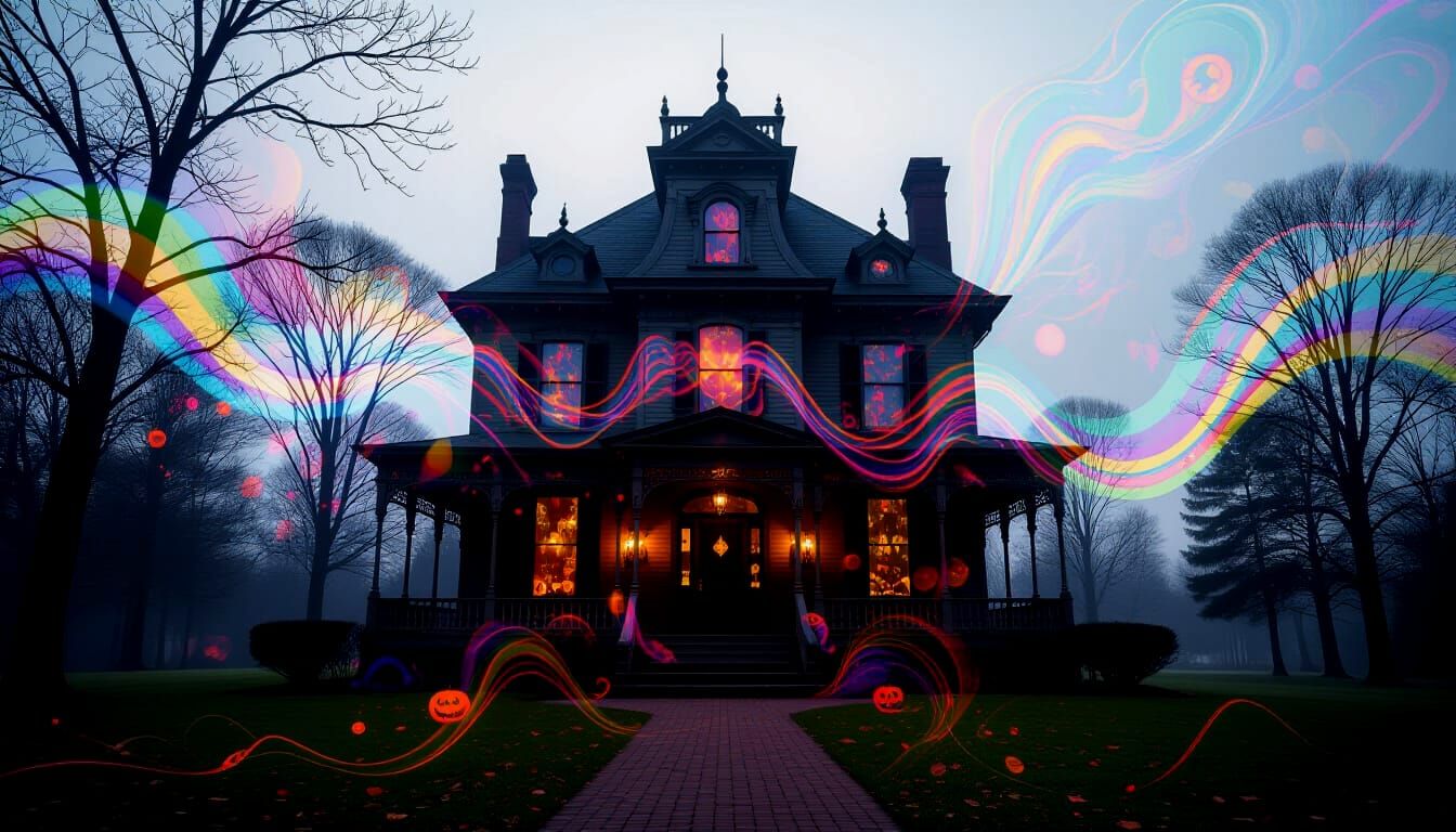 Haunted Halloween House Art in Surreal Double Exposure Style