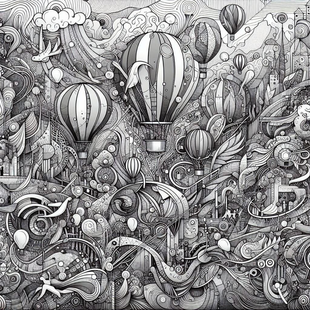 Abstract Monochromatic Landscape with Hot Air Balloons