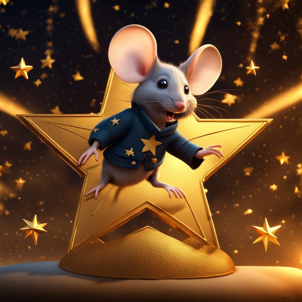 Mouse on Golden Star in Night Sky