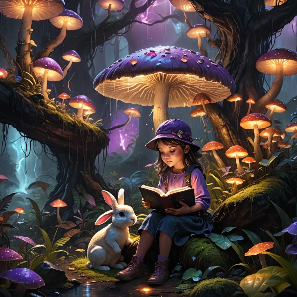 Enchanted Jungle: Girl Reading Under Bioluminescent Mushroom