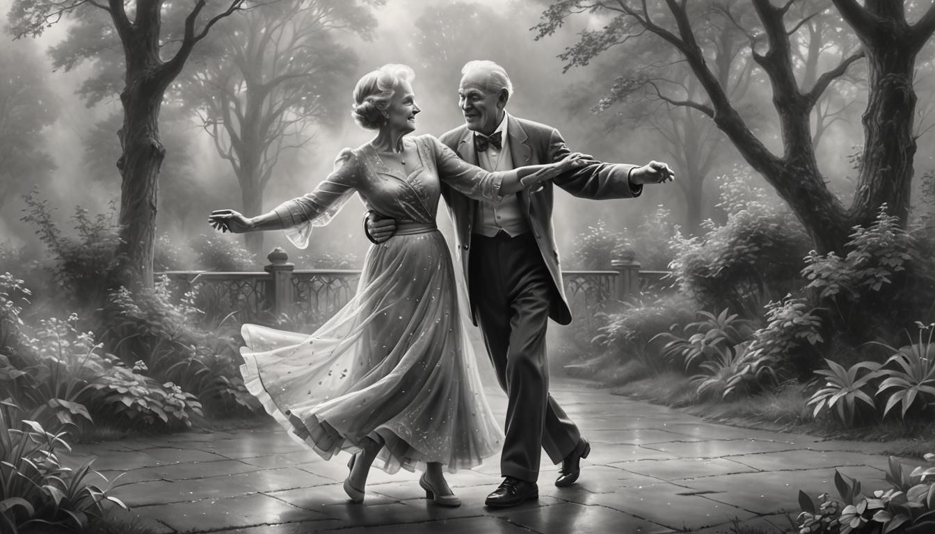 Elderly Couple Dancing: Photorealistic Graphite Portrait