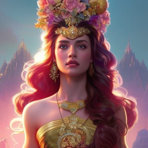 Ethereal Queen with Crystal Flowers, Detailed Portrait