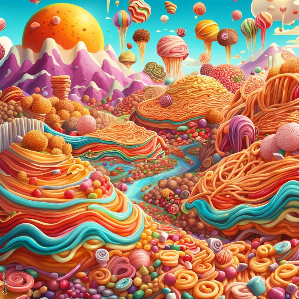 Colorful Food Worlds: Spaghetti Lands and Candy Skies