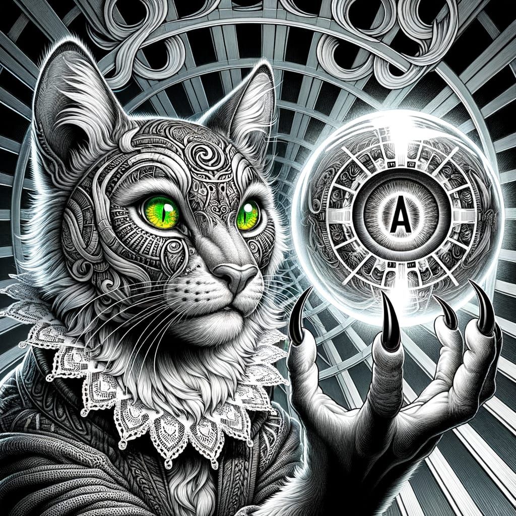 Anthropomorphic Cat with Haitian Traits in Mystical Scene