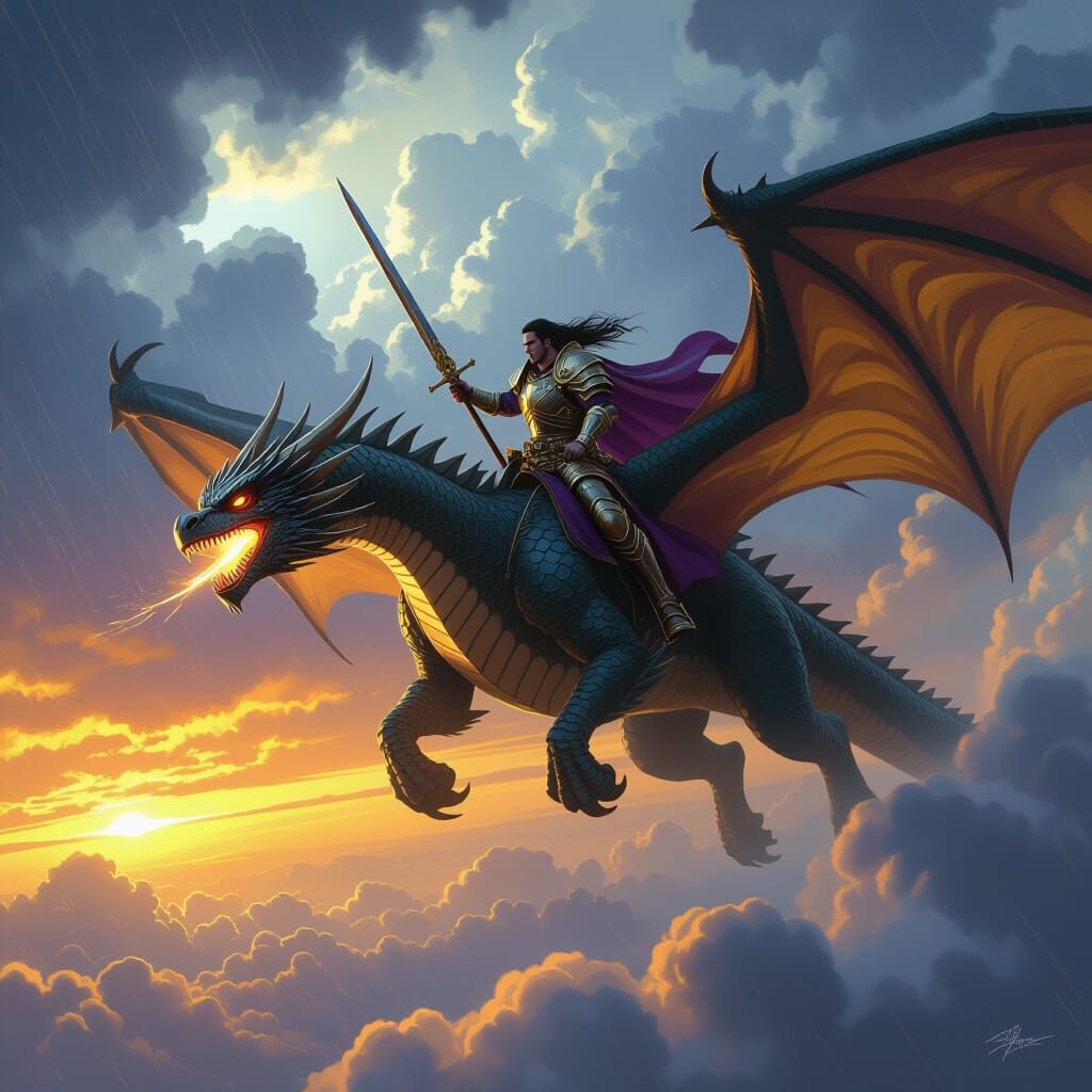 Warrior Dragon Rider in Stormy Sky - Dark Fantasy Art
