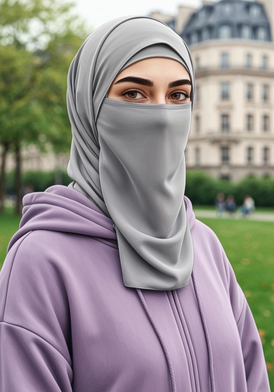 Niqabi Woman in Lavender Hoodie, Color Pencil Painting