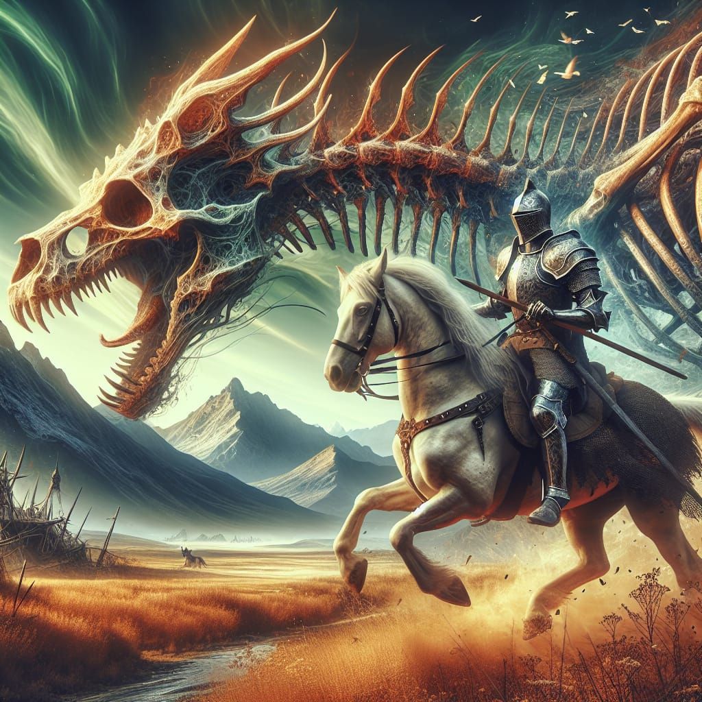 Knight and Dragon Skeleton in Fantasy Landscape