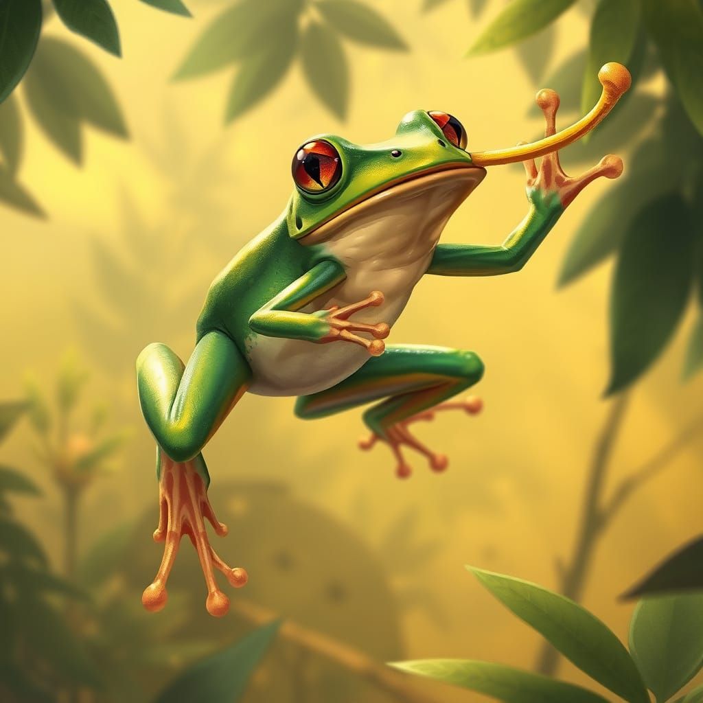 Vibrant Green Frog in Mid-Leap, Ready to Catch Prey