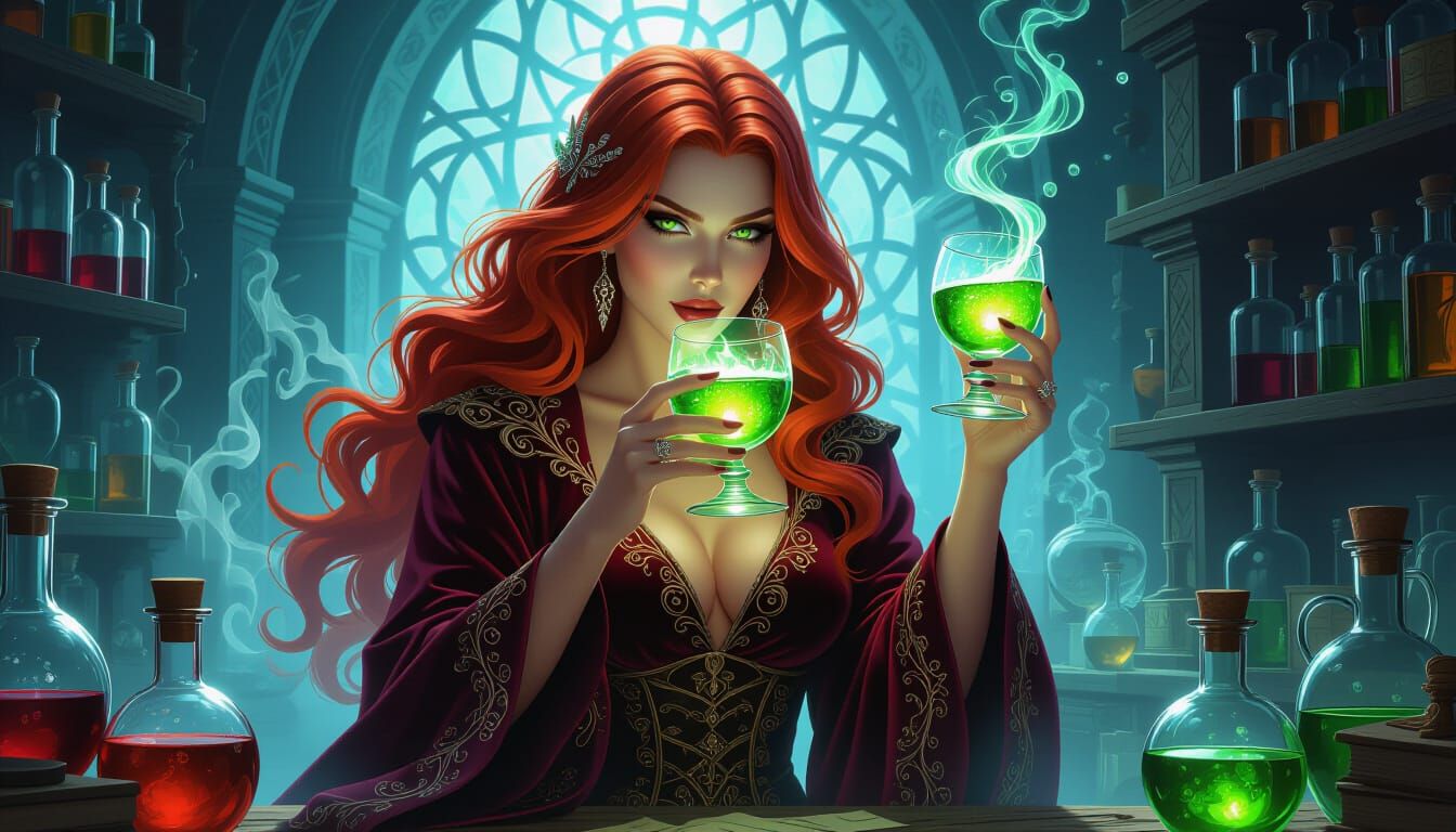 Crimson Sorceress Drinks Emerald Potion in Dark Fantasy Lab