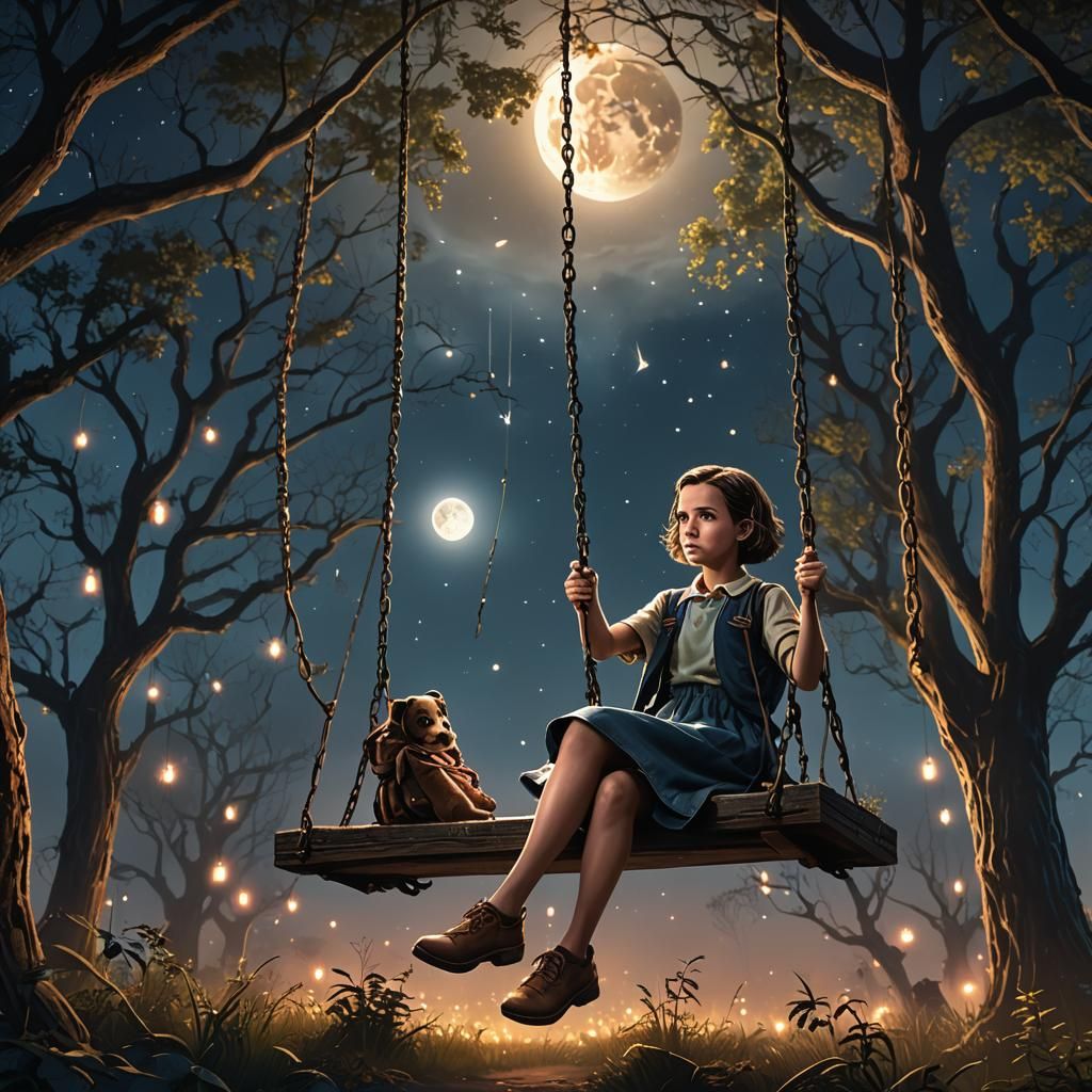 adult Millie bobby brown siting on a swing at night with fullmoon and fireflies all around