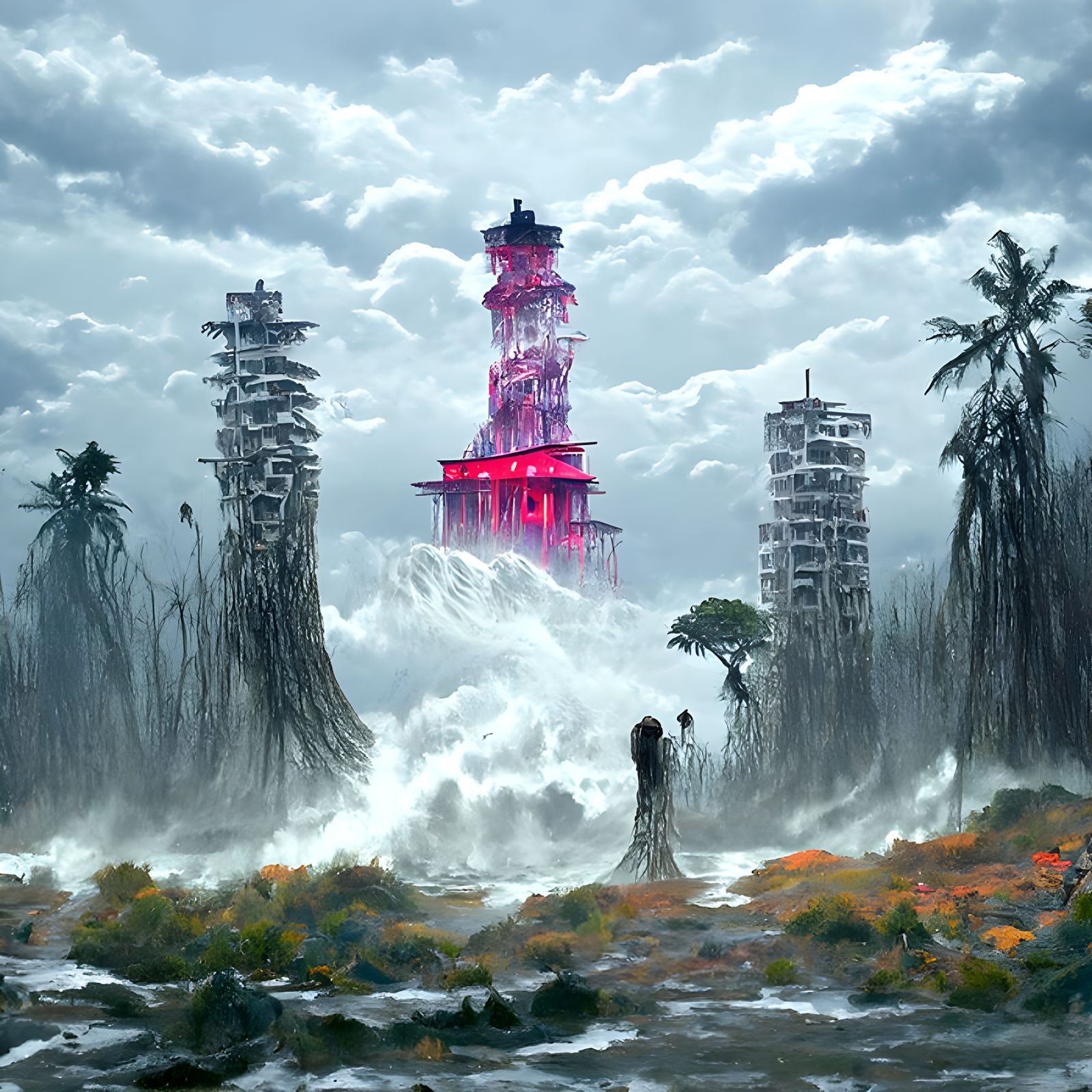 Island Tower Under Red Sky in Romantic Style