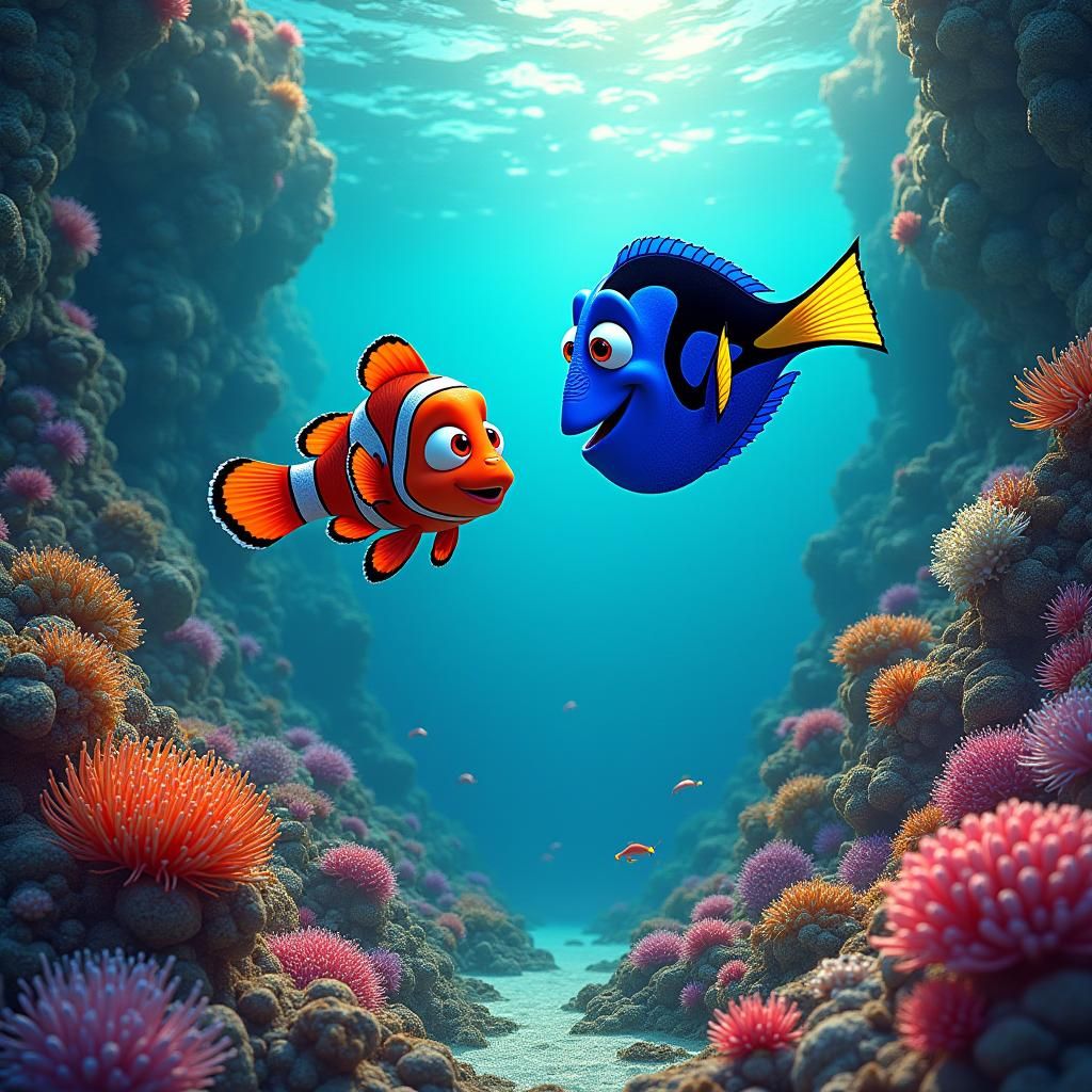 Dori and Nemo Swim in Surreal Mosaic Reef