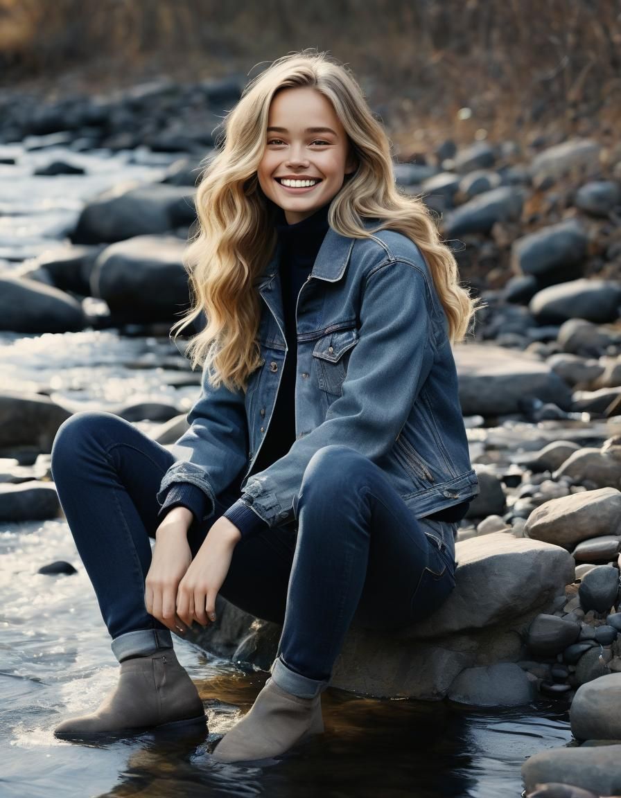 Blonde Woman by Creek: Watercolor 3D Image