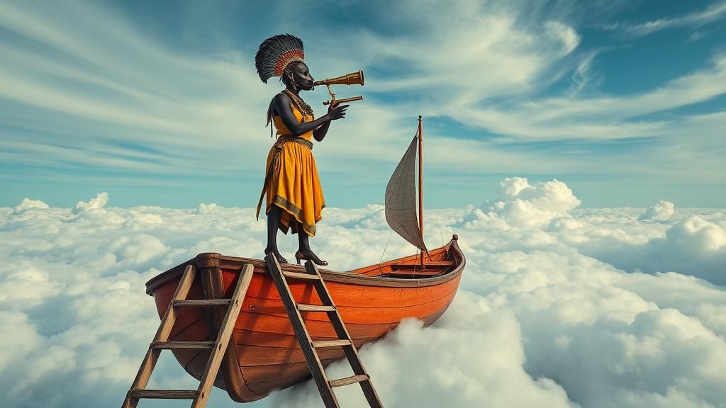 African Woman in Aardvark Mask on Cloud Boat