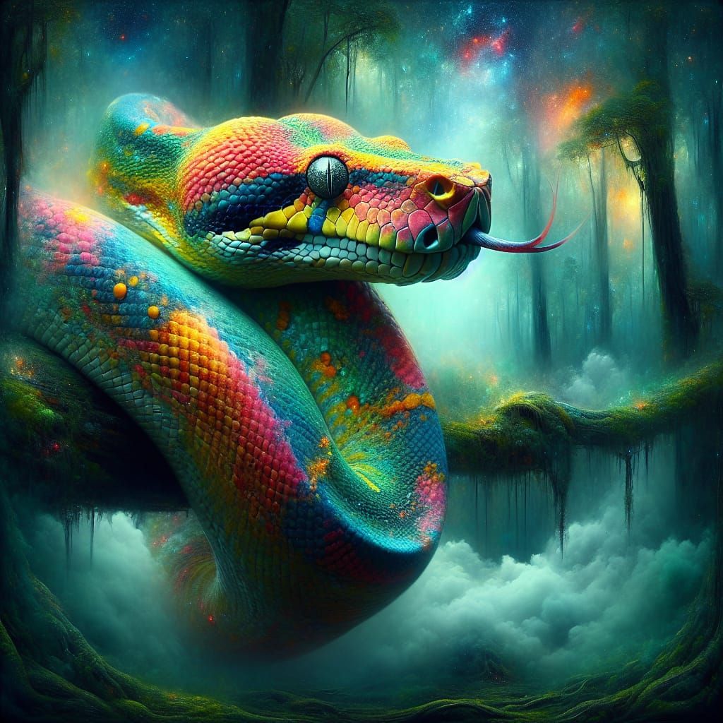 Vibrant Magical Boa Constrictor in Jungle Fantasy Art