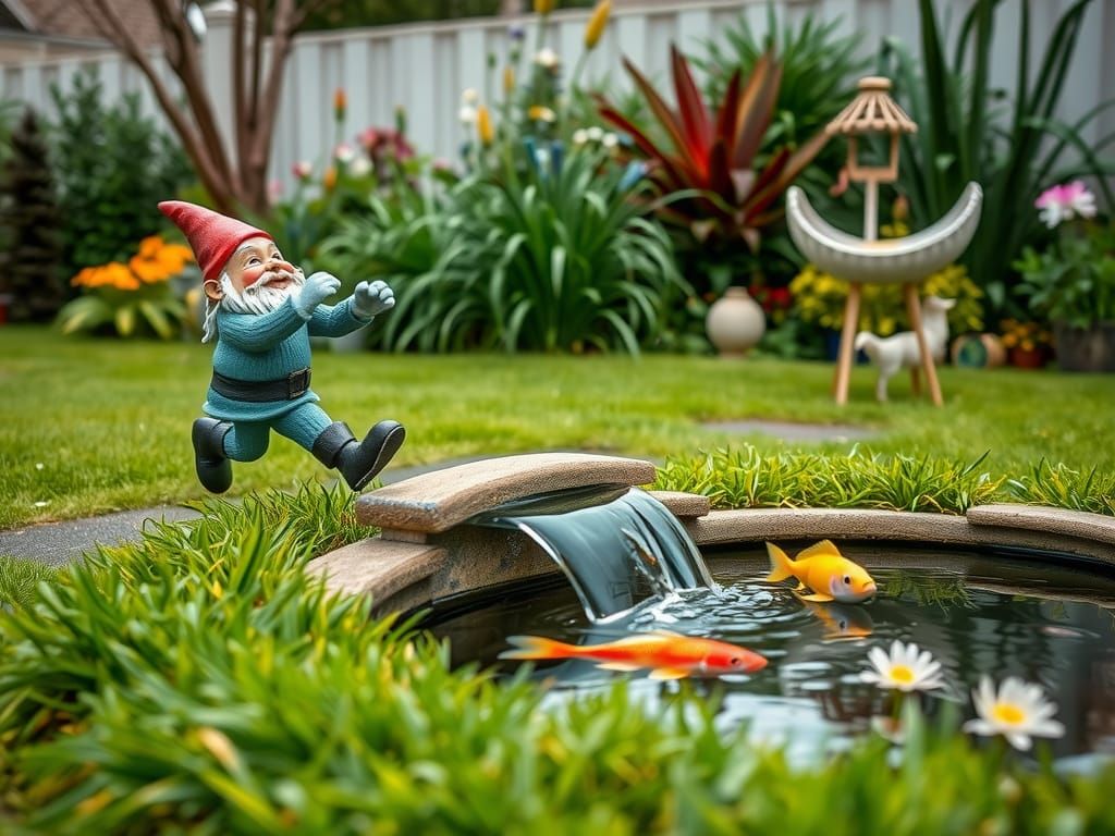 Garden Gnome Leaps Over Fishpond