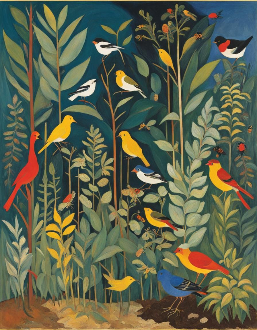 Expressionist Riverbank Scene with Birds and Insects