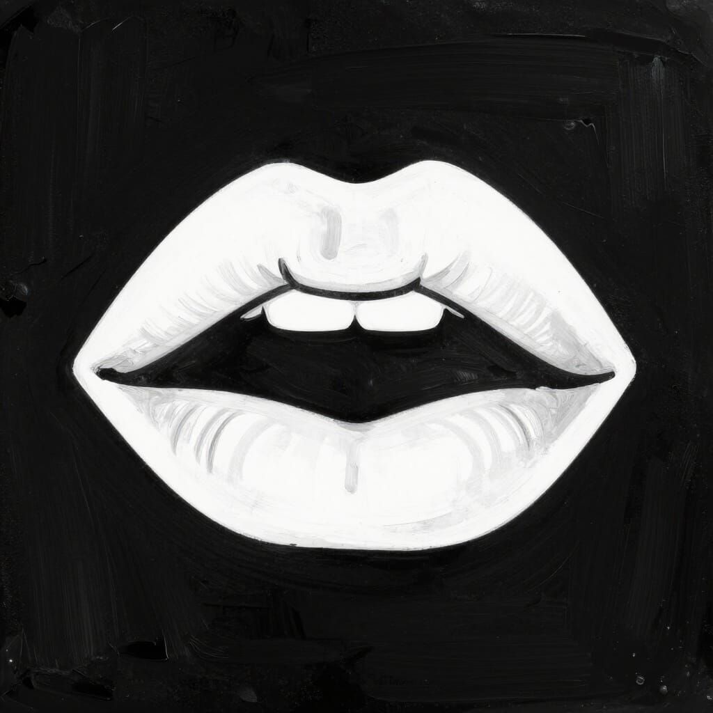 Abstract Line Painting of White Lips on Black