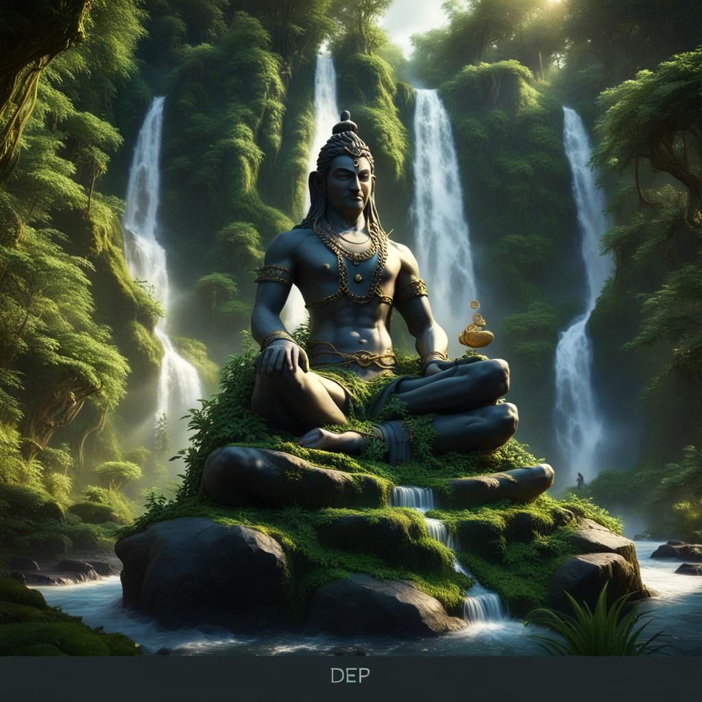Lush Forest Shiva Statue Waterfall Treasure