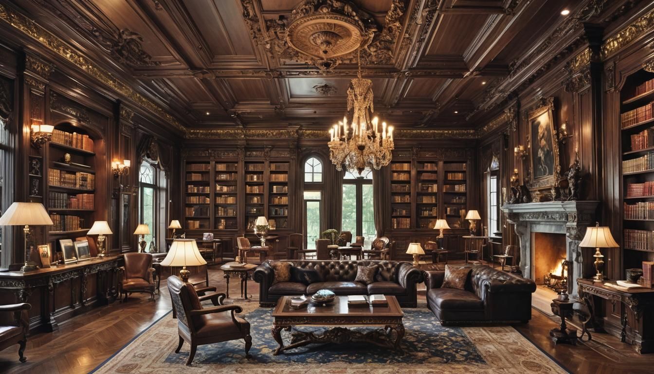 Grand Dark Academia Chateau-Style Library Interior