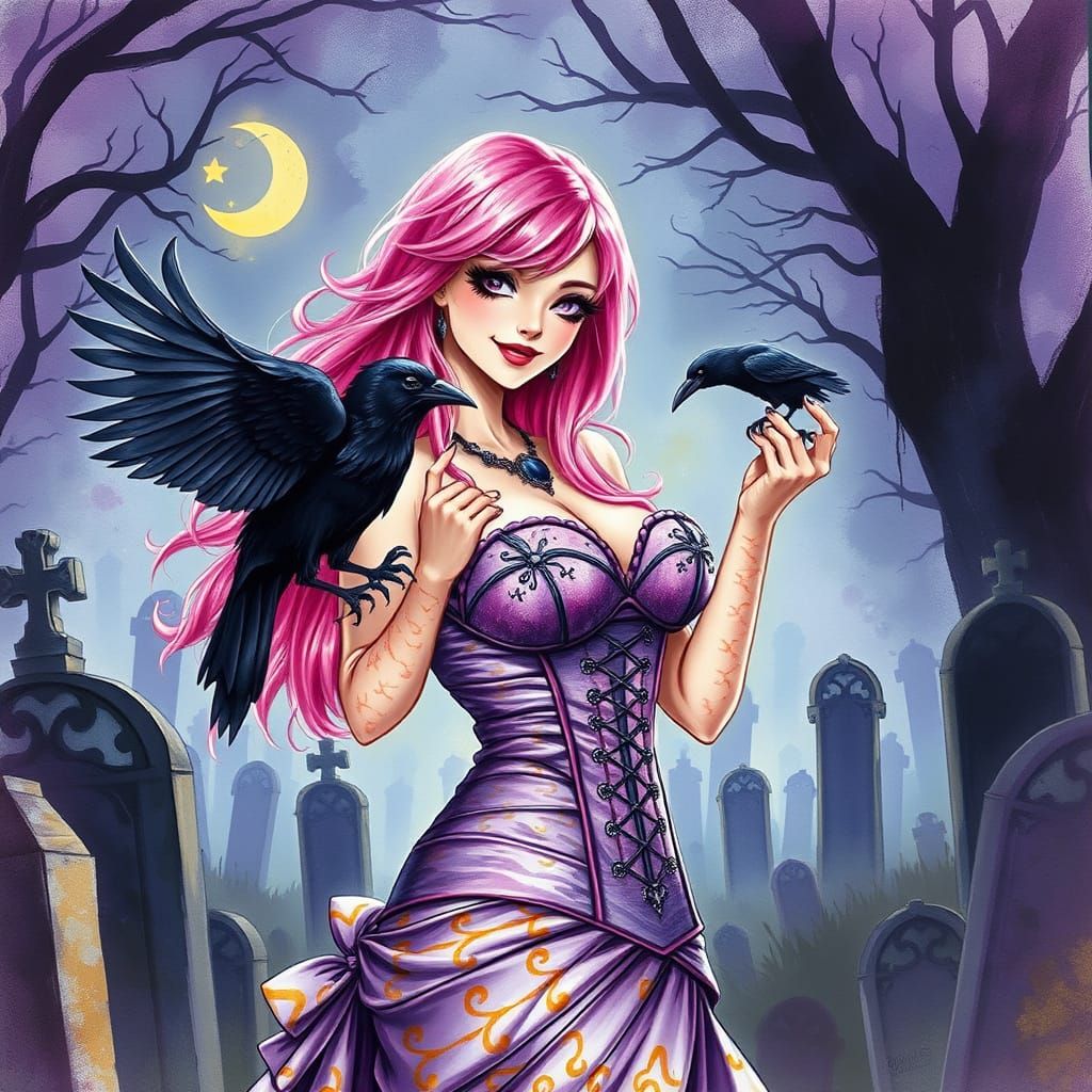 Gothic Woman with Raven in Misty Cemetery