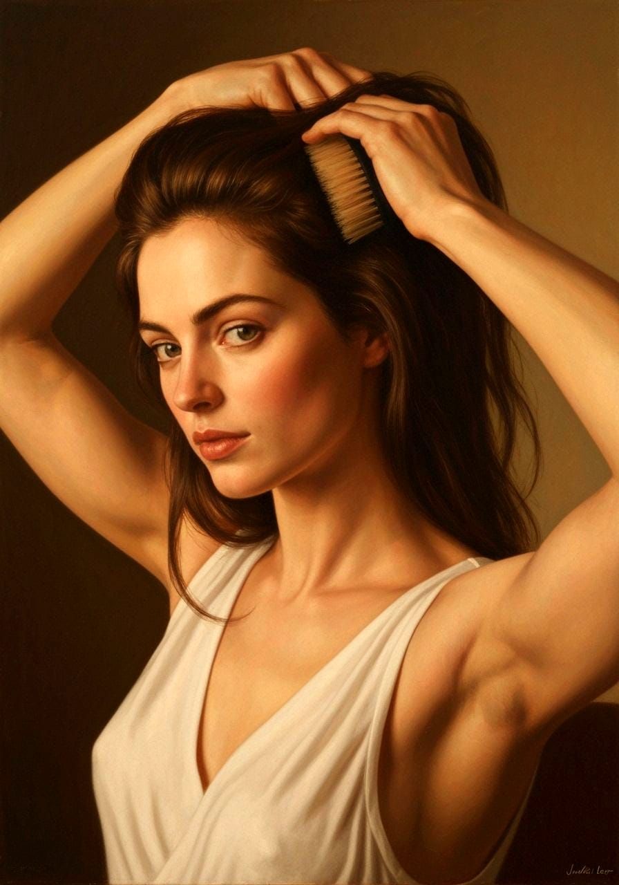 Woman Brushing Hair with Poetic Realism and Warm Contrasts