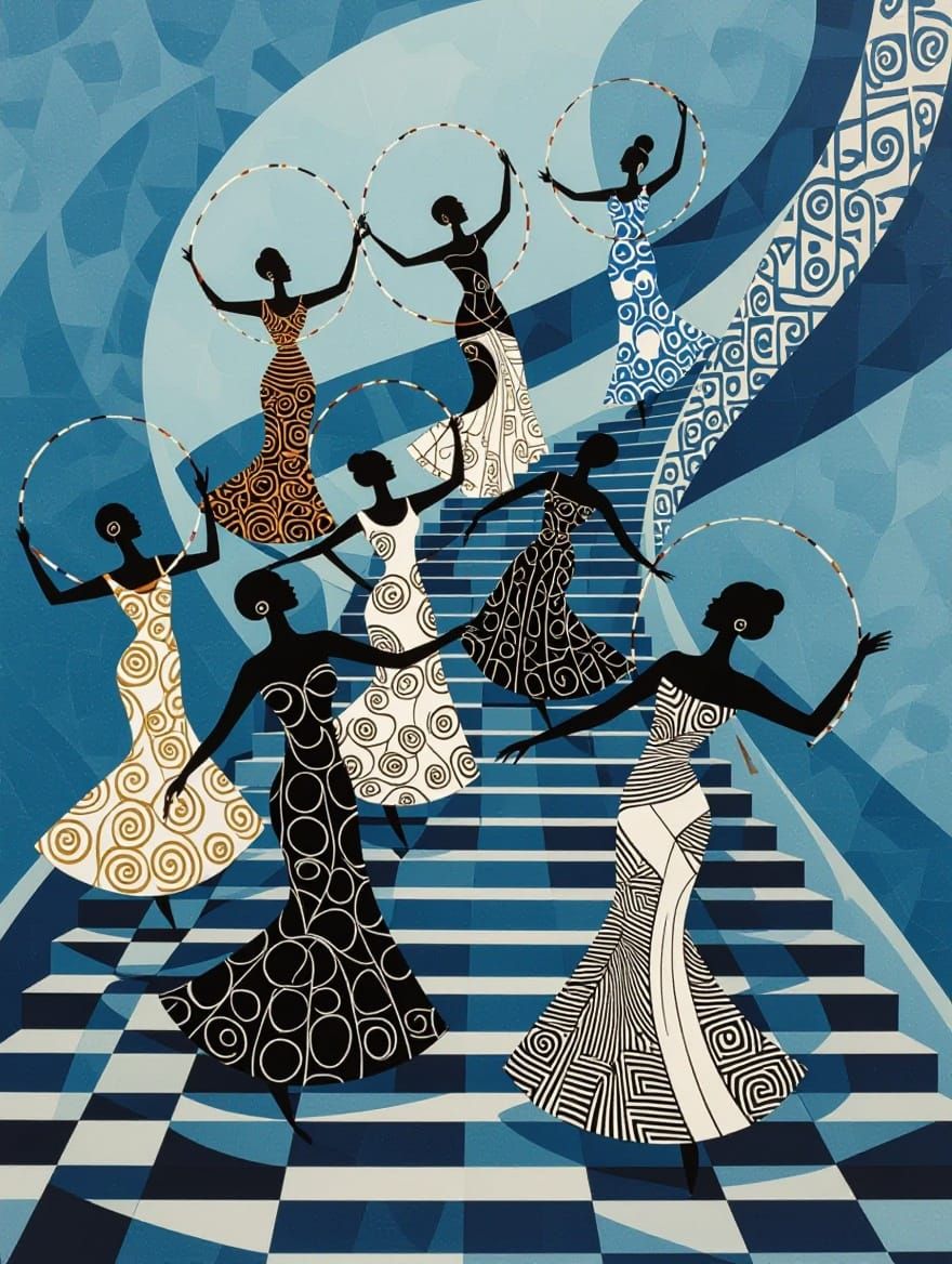 Abstract Hula Hoop Dancers in Escher-Inspired Mosaic