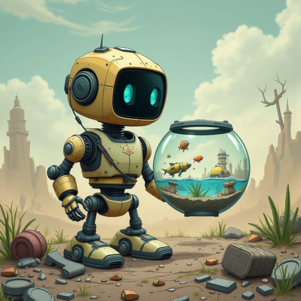 Cute Robot Holding Fishbowl in Salvage Garden Style