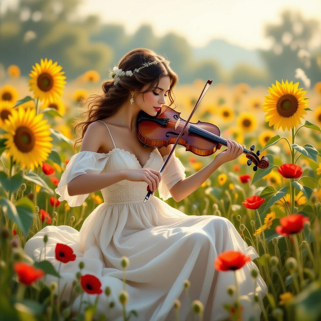 Woman Playing Violin in Sunflower Field, Ethereal Art
