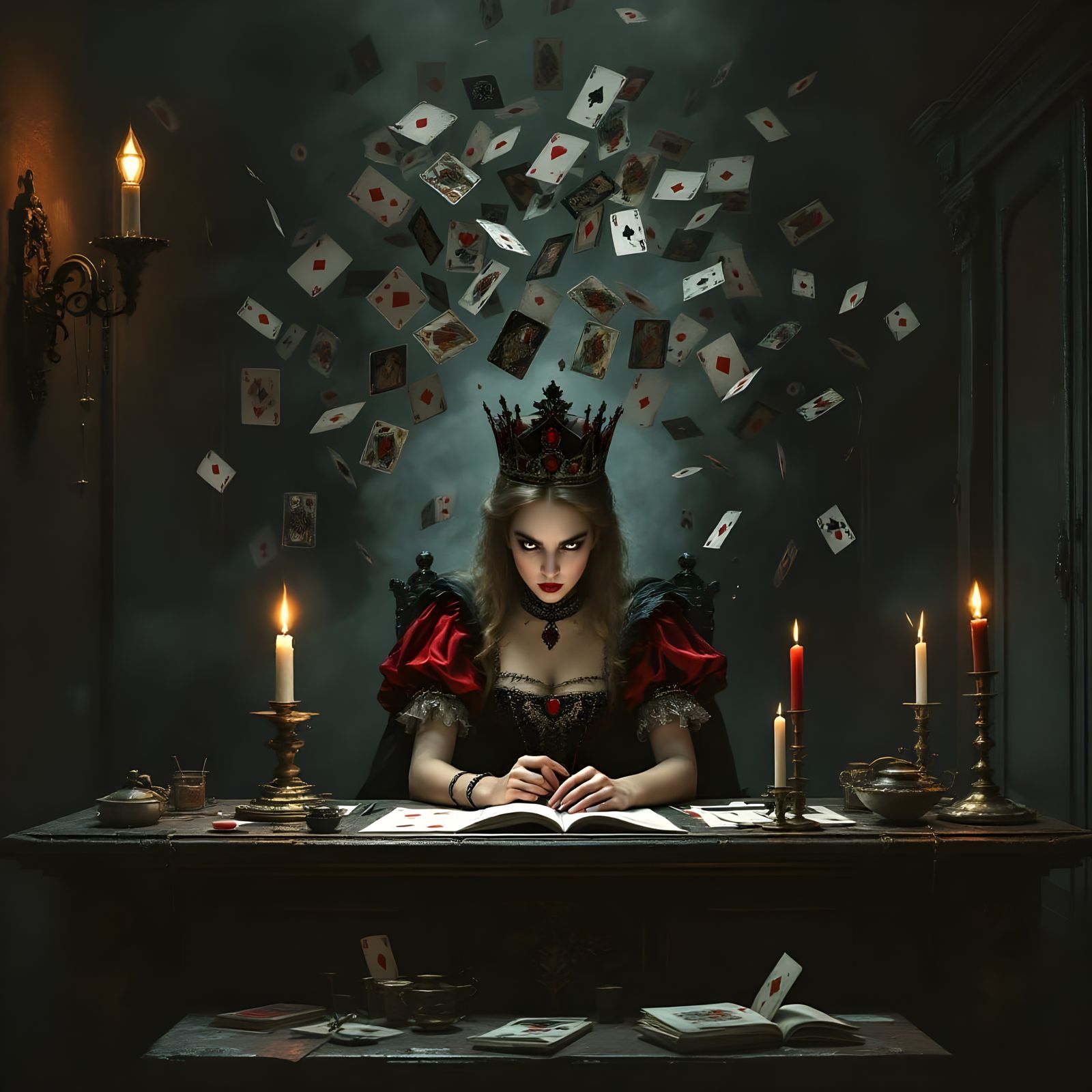Whimsical Dark Wonderland Tribunal Scene in Moody Lighting