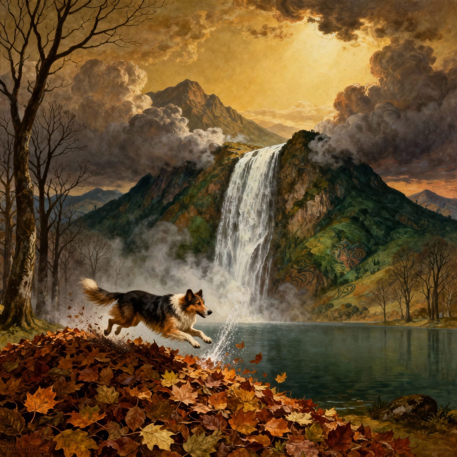 Collie Dog Plays in Leaves Beside Waterfall Landscape Painti...