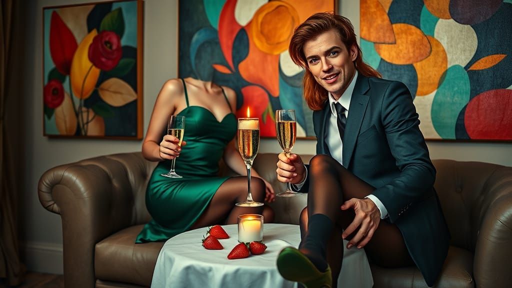Sultry Couple in Emerald Green, Romantic Dinner Setup