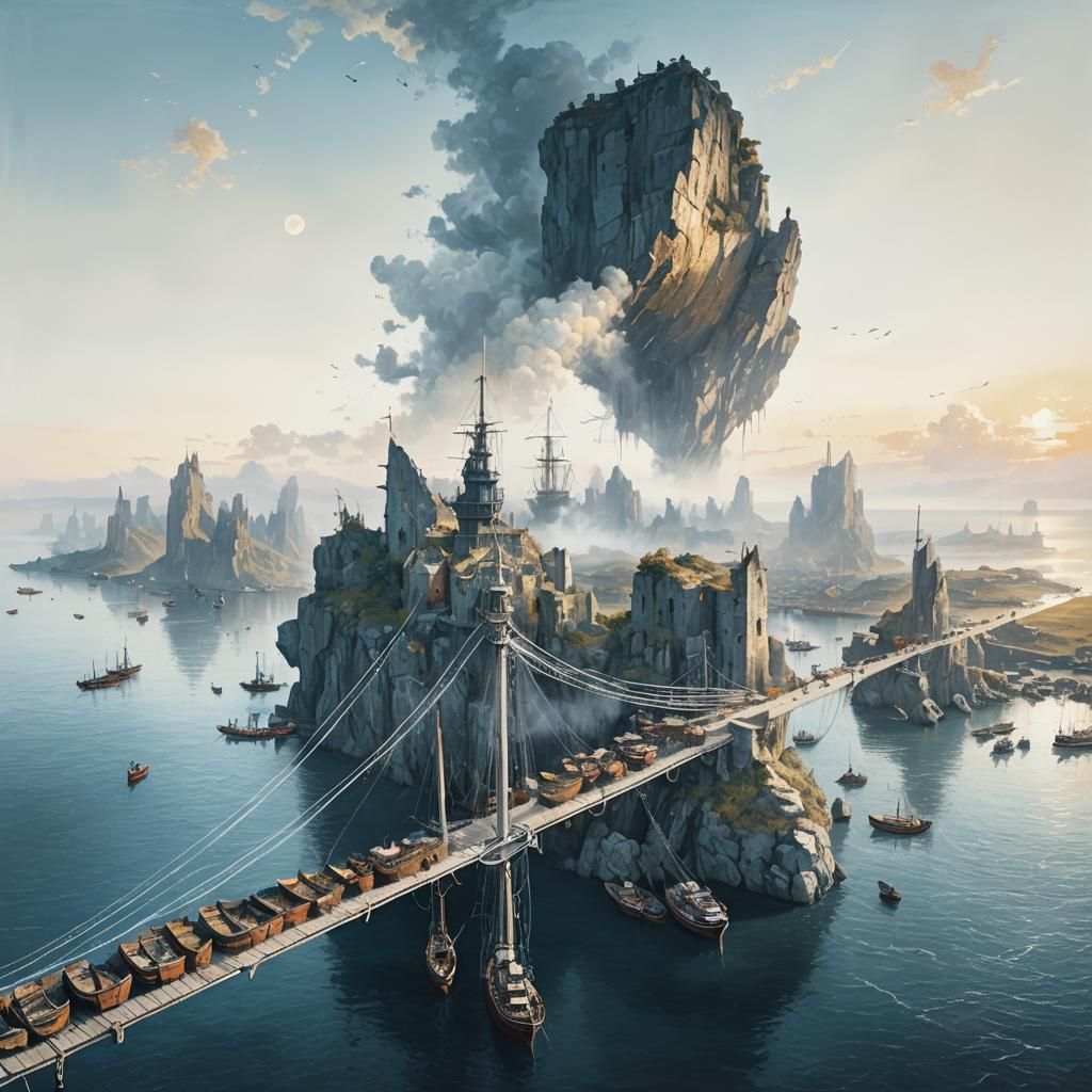 Fantasy Harbour Sunset: Aerial View in Gustave Doré Style
