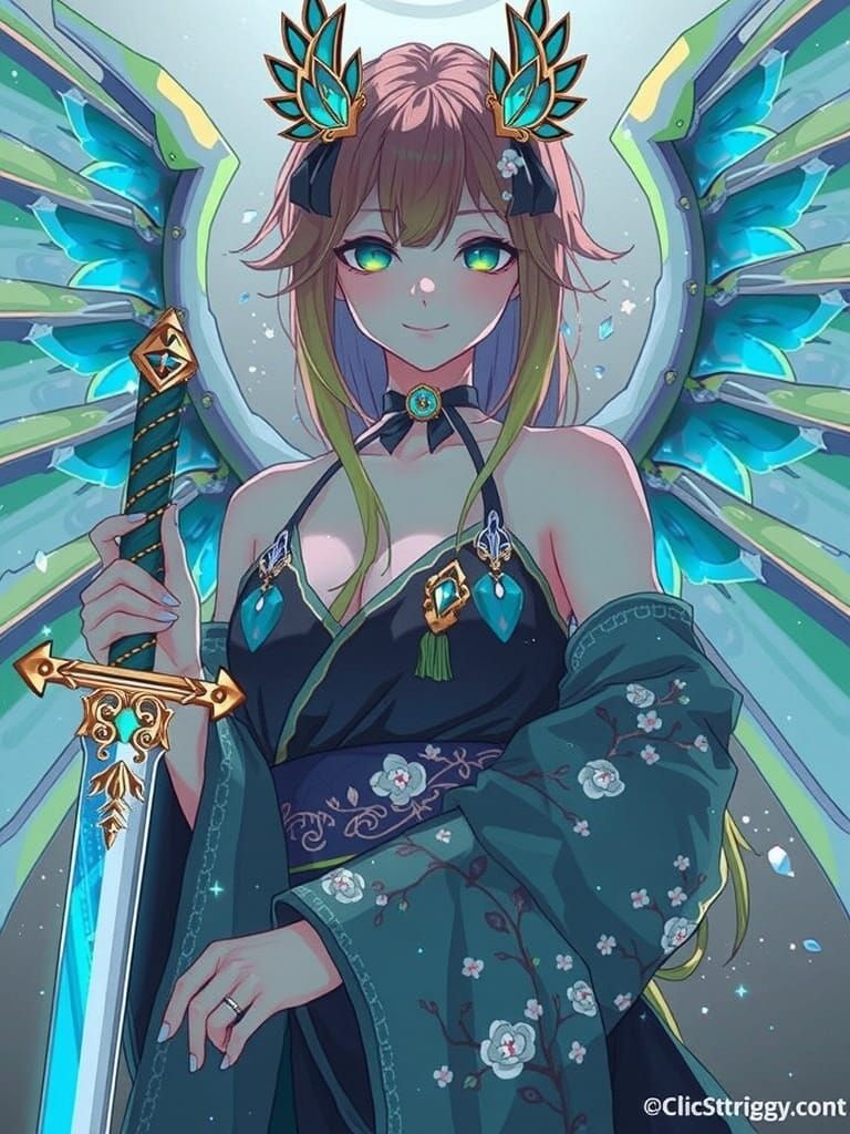 Anime Goddess with Majestic Ocean Blue Dragon Wings and Intr...