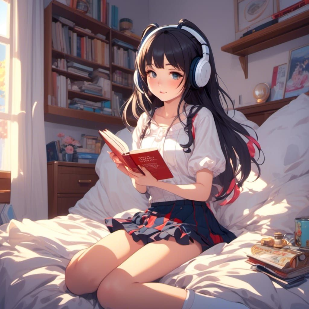 Anime Girl Reading in Bed with Headphones