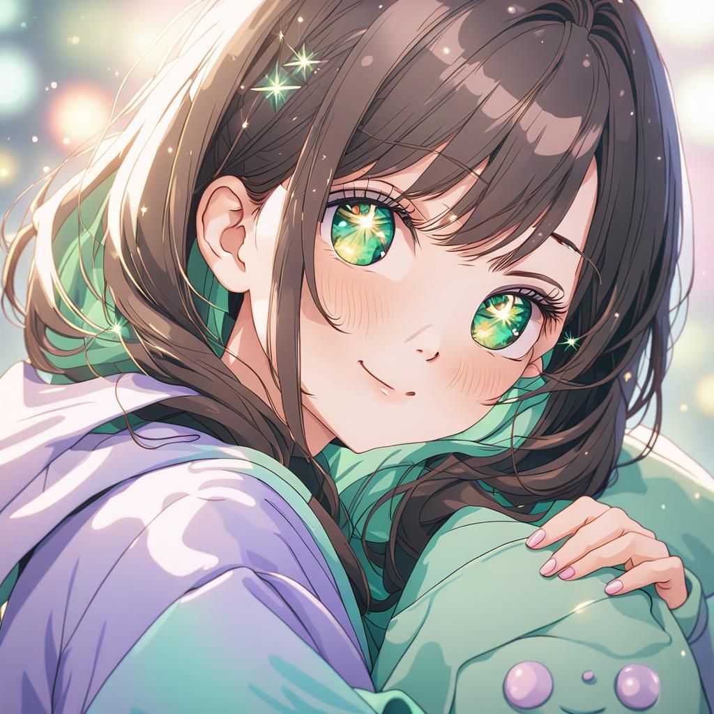 Anime Girl with Sparkling Eyes in Pastel Colors
