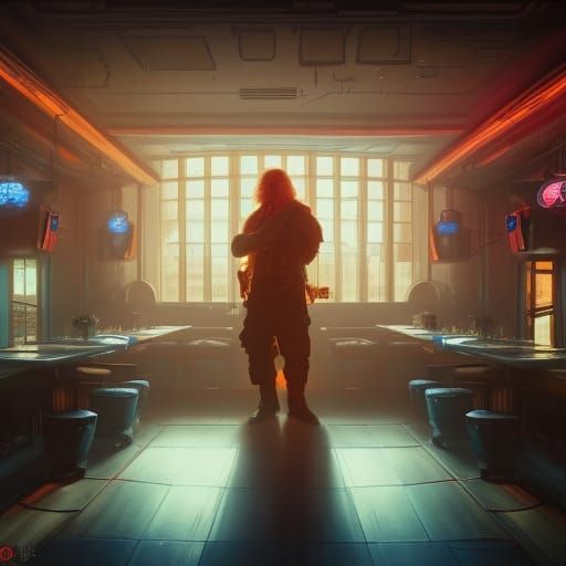 Cyberpunk Nick Nolte in a Futuristic Pub