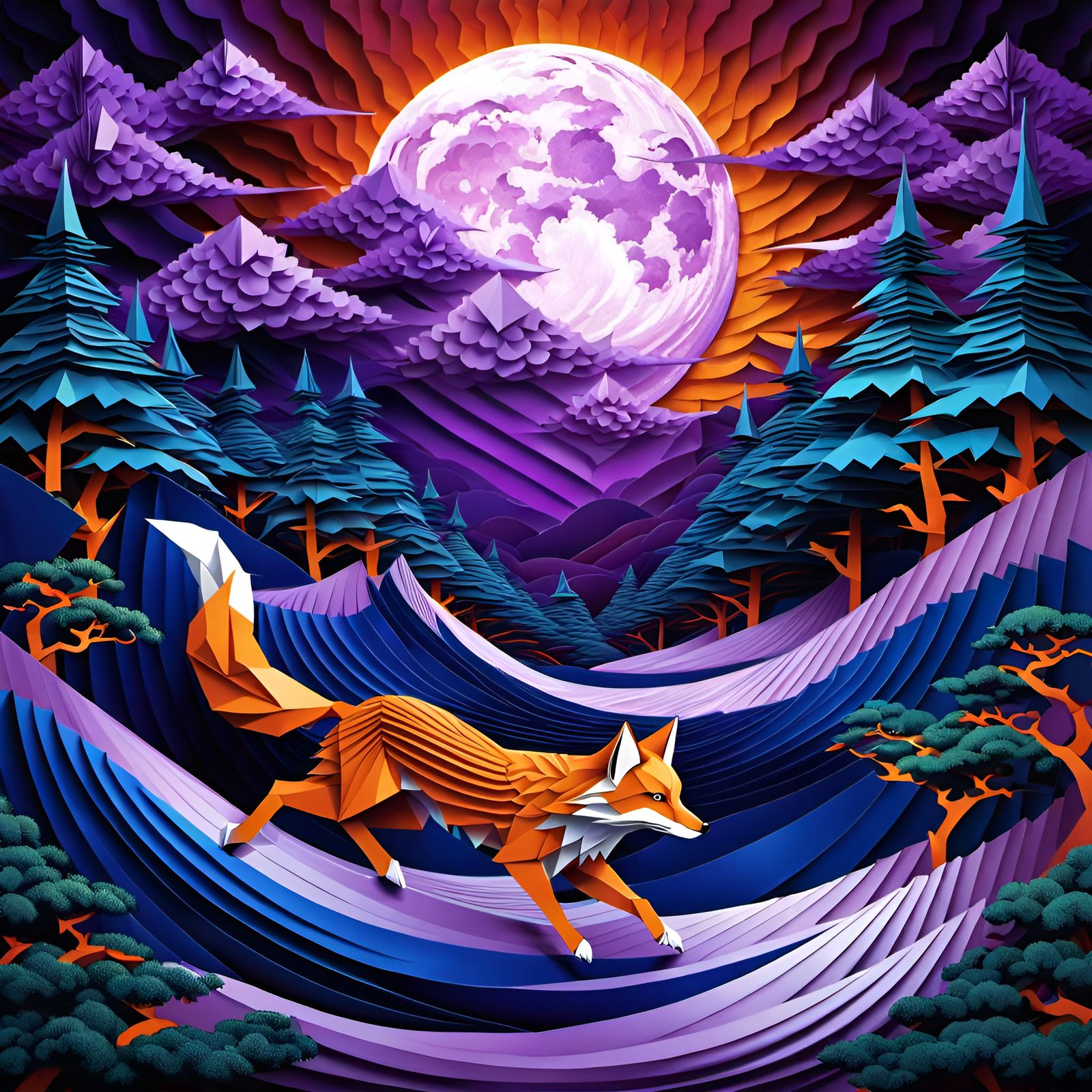 Nine-Tailed Fox in Neo-Impressionist Origami Style