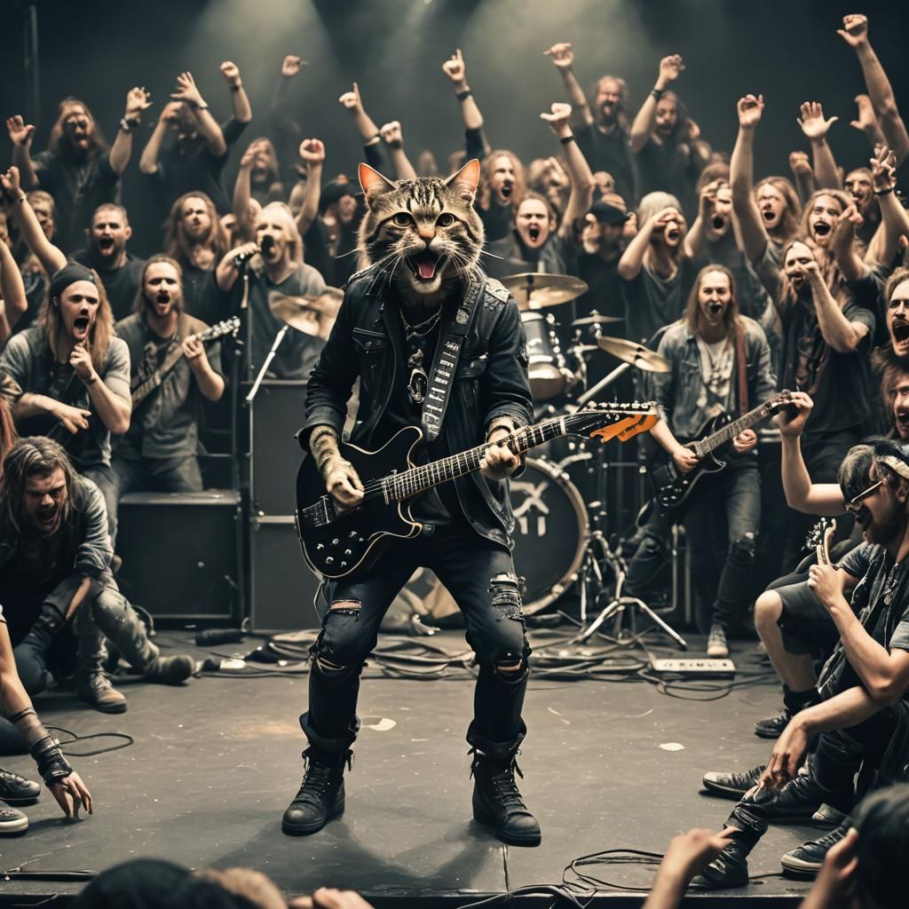 Cat Humanoid Rock Band in Grunge Style