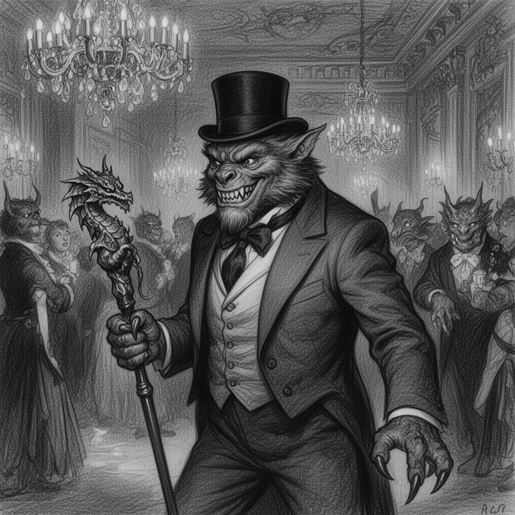 Bugbear at Soiree with Dragon Cane in Charcoal Style