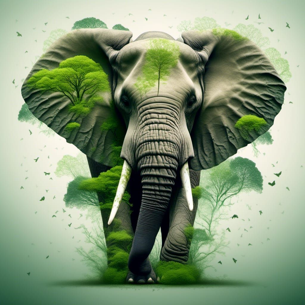 Elephant Double Exposure in Hyperrealistic Nature Scene