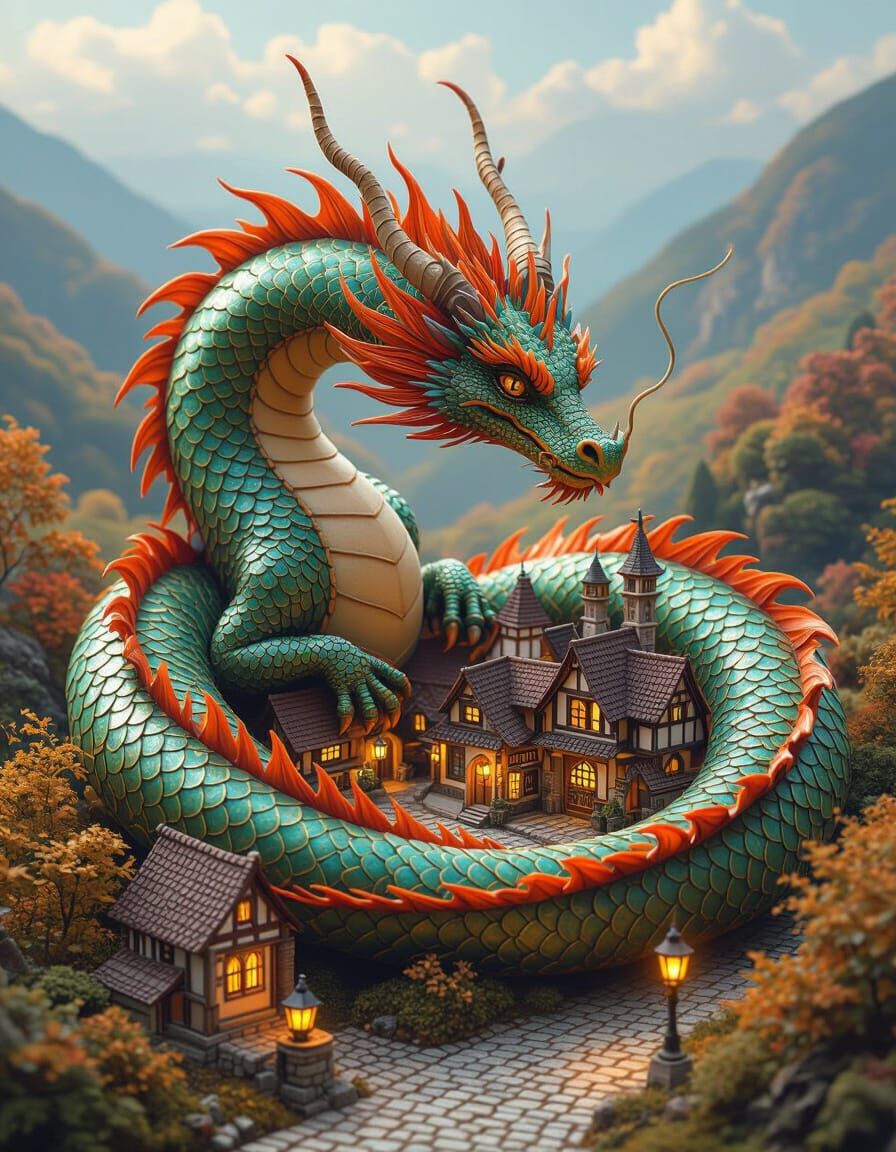 Majestic Dragon Guards Autumn Village in Miniature Art Style