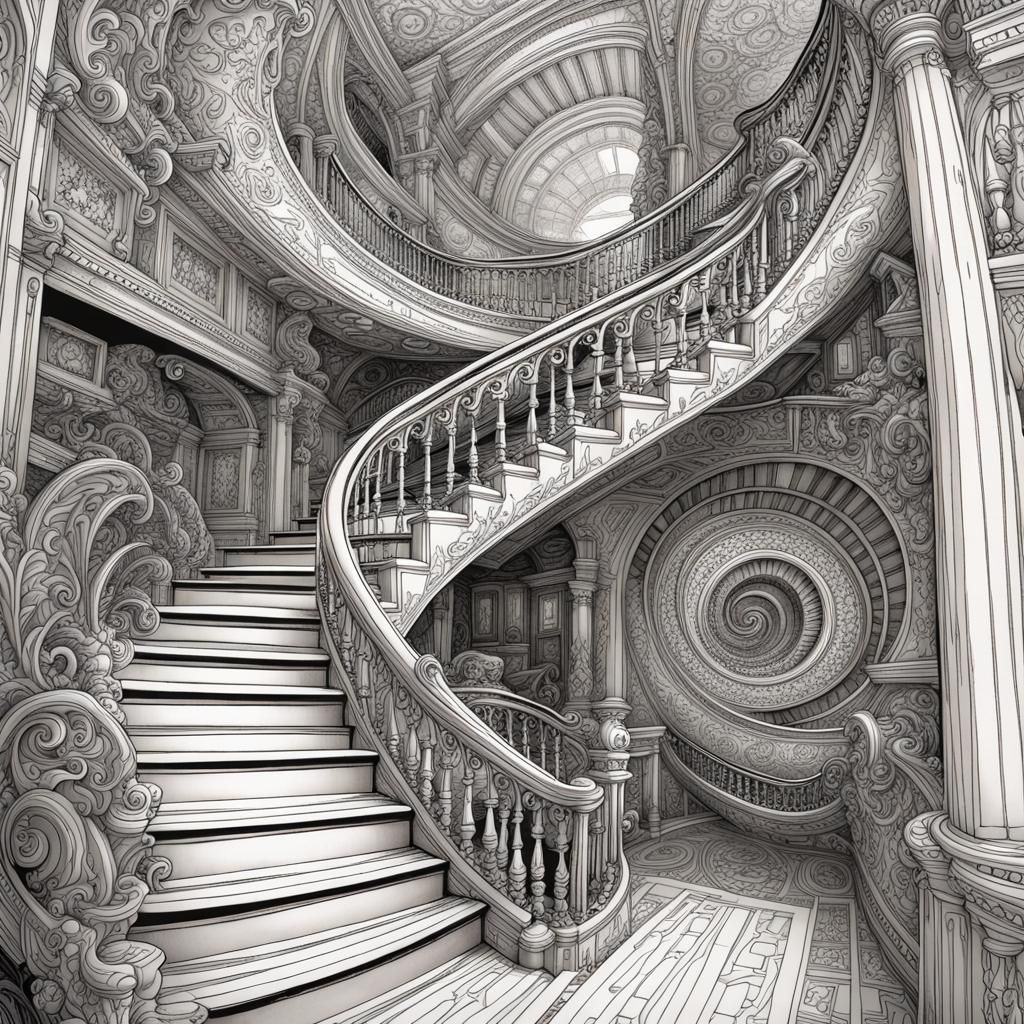line art: spiral staircase surrealism